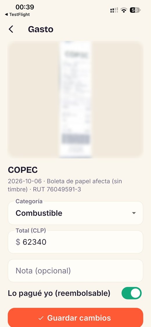 Detalle de un gasto: la aplicación leyó una boleta de papel sin timbre electrónico y completó sola la fecha, el RUT del emisor y el total de 62.340 pesos. La foto de la boleta va desenfocada.