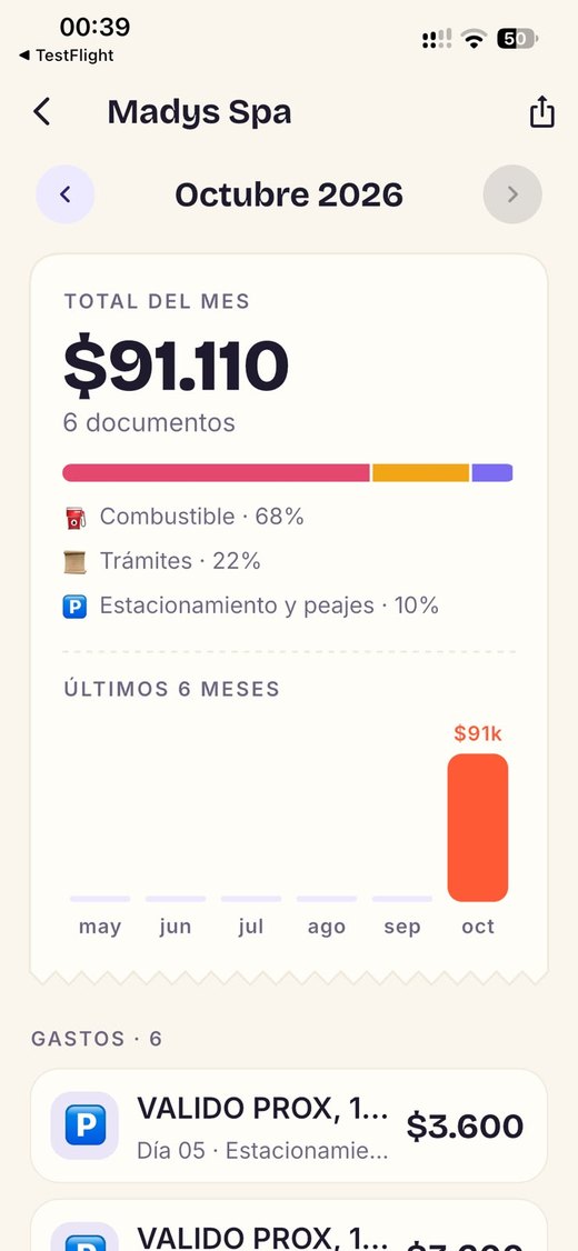 Pantalla del mes: 91.110 pesos en octubre repartidos en seis documentos, con 68 % en combustible, 22 % en trámites y 10 % en estacionamiento y peajes, y una barra por cada uno de los últimos seis meses.