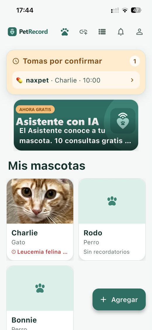 Pantalla de inicio de PetRecord: recordatorios de medicamentos y las mascotas del usuario.